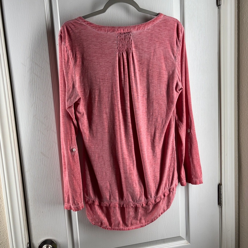 Style & Co Pink Embroidered Henley Top Roll Tab Sleeve Smocked Back Medium - Picture 2 of 8
